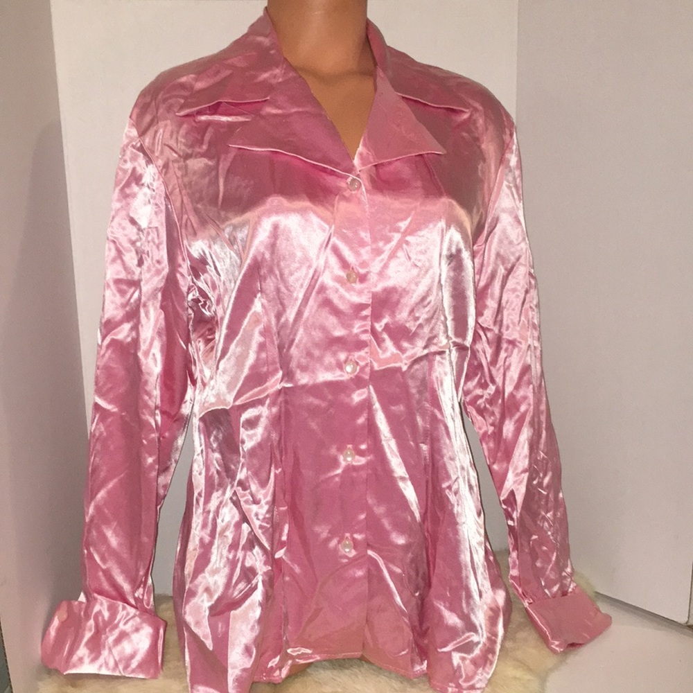 Vintage 70s/80s Retro Y2K Steampunk •Time Out•liquid pink Secretary Blouse Top M - Picture 6 of 10